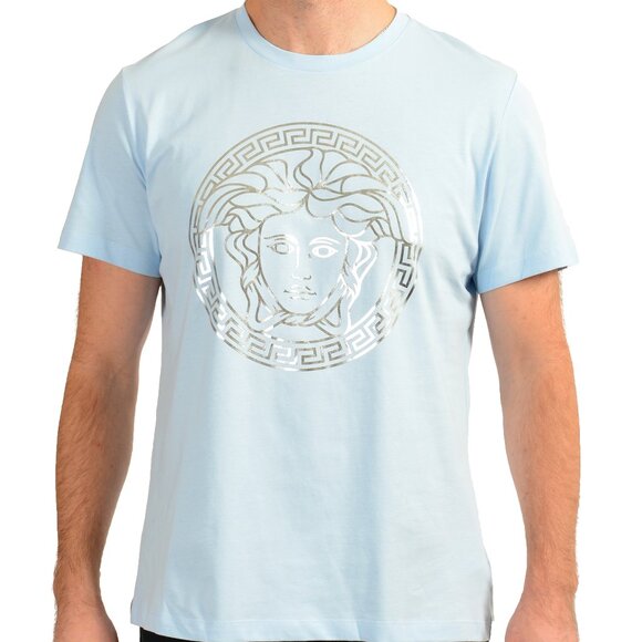 Versace Men's Blue & Silver Medusa Logo Print Short Sleeve T-Shirt US S IT 48 - Picture 1 of 6